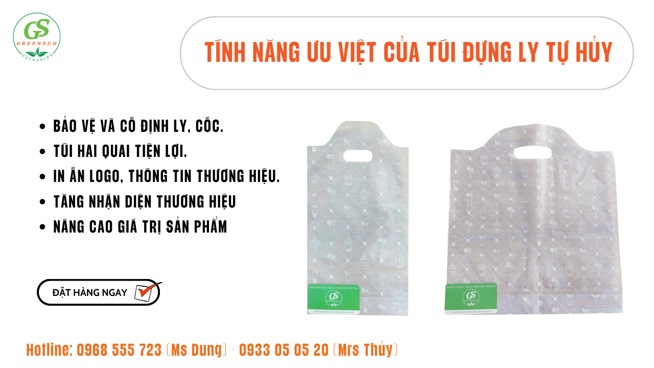 túi tự hủy sinh học hai quai đựng trà sữa giá rẻ in logo