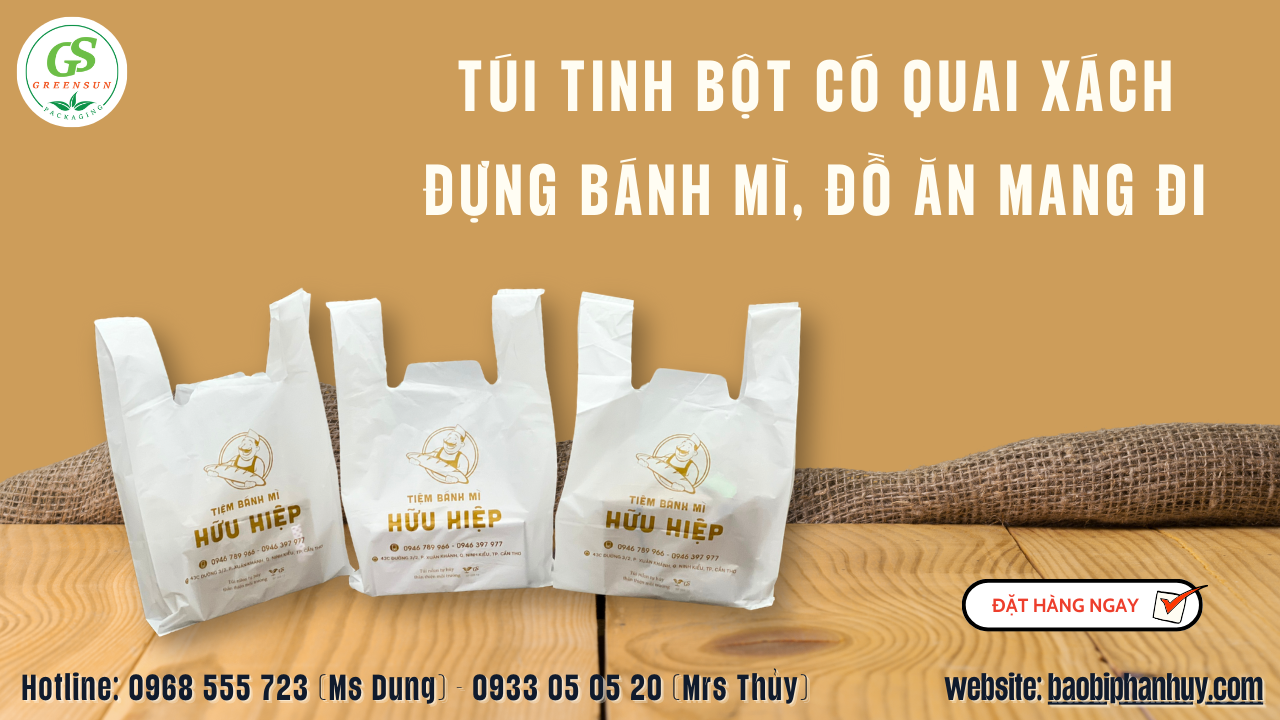 túi hai quai  tự hủy sinh học đựng bánh mì và đồ ăn mang đi